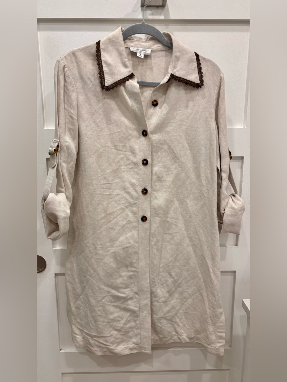 St. John Sport by Marie Gray Natural Linen Blend Tunic Lace Trim 3/4 Sleeve